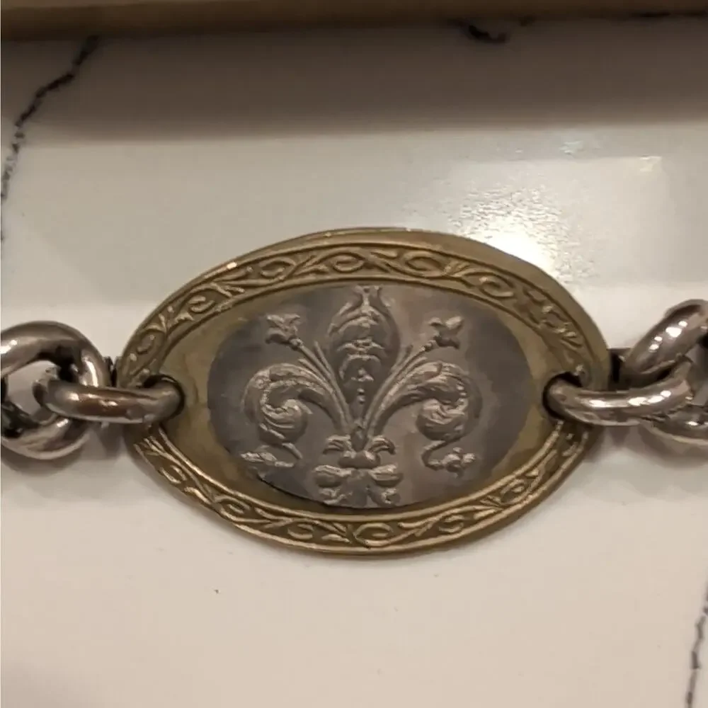 Arlo Haisek Firenze Signed Silver Curb Link Chain Bracelet Fleur-de-Lis
